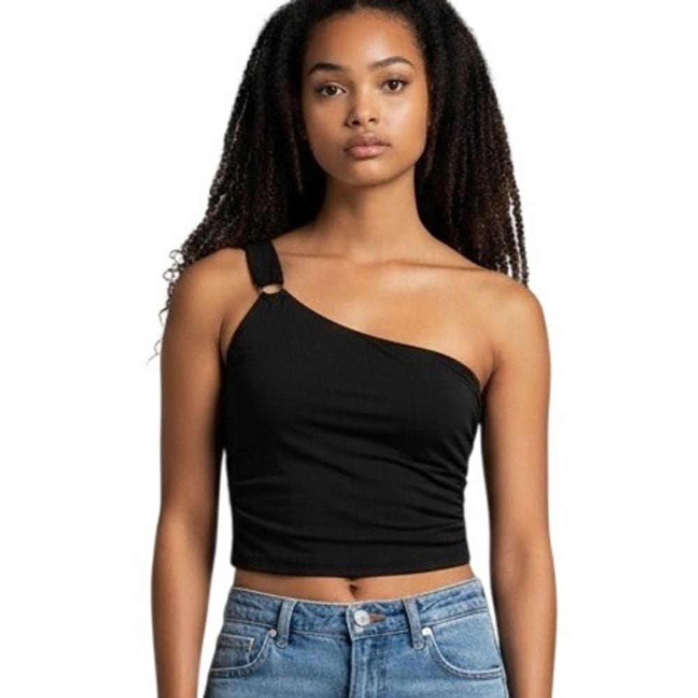 ZARA black one shoulder crop top ruched o ring blouse form fitting date night L